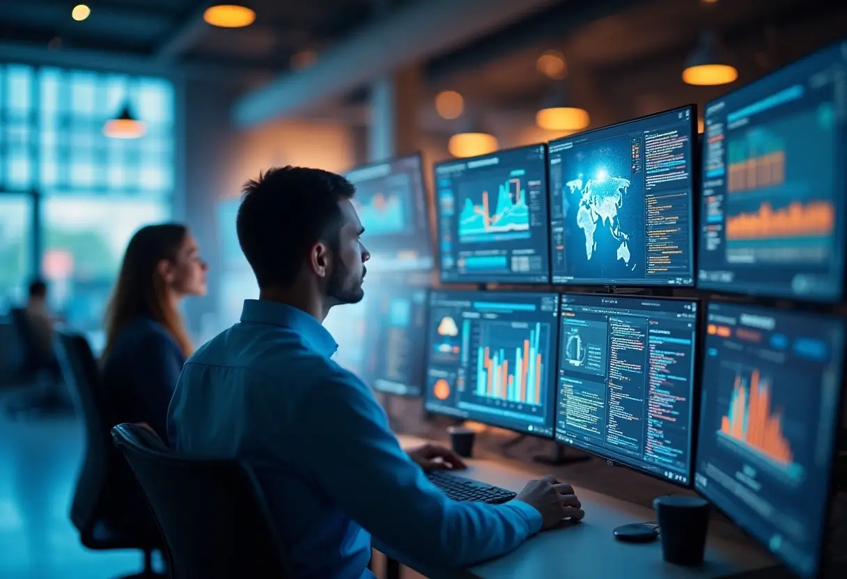 Custom Software Development Service for Insurance MGAs-1 Software developers in a modern office working on multiple monitors displaying data analytics, code, and global network maps.